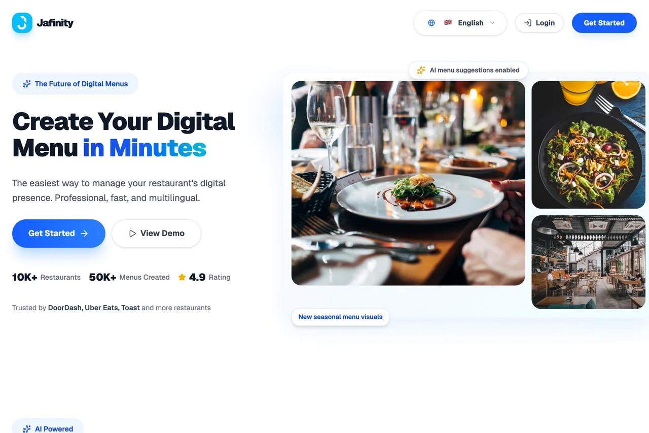 Jafinity Digital Menu — Startseite des Menü-Builders für Restaurants