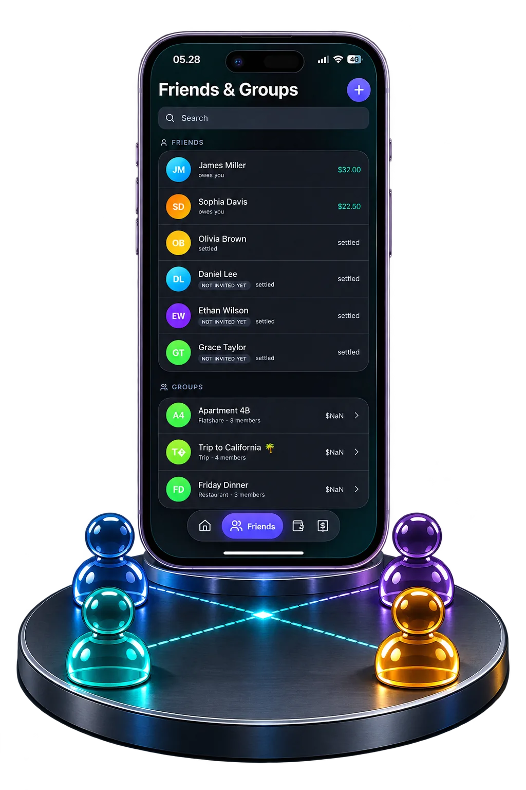 Jafinity Wallet — Bildschirm „Freunde & Gruppen“ mit Salden einzelner Freunde und den Gruppen Wohnung, Reise und Restaurant