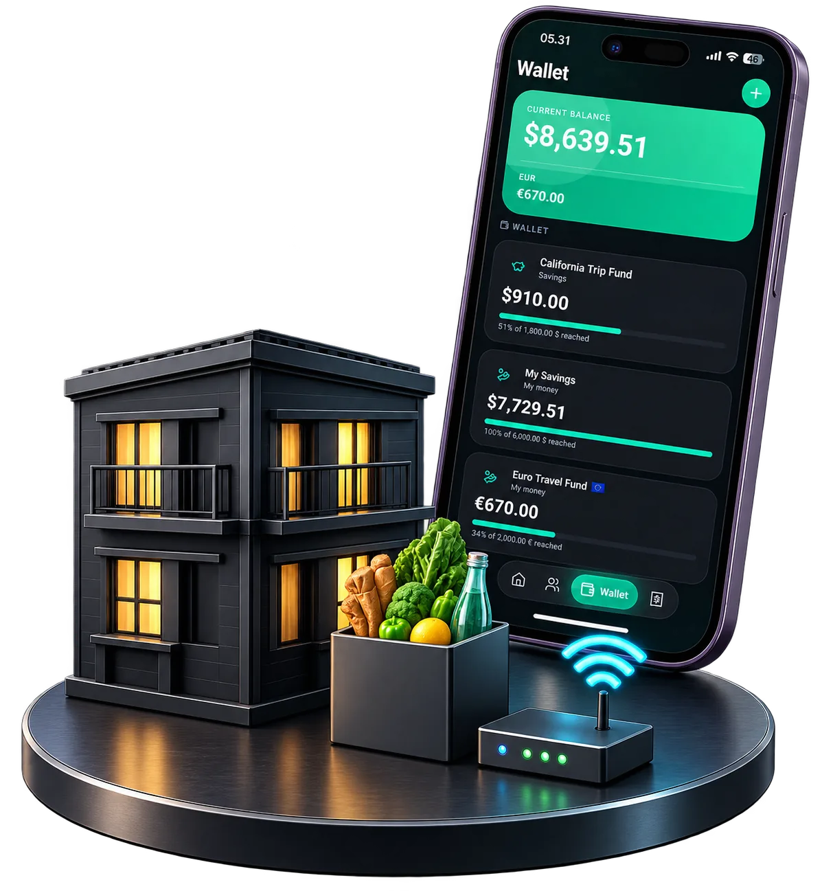 Jafinity Wallet — Wallet-Übersicht mit aktuellem Kontostand in Dollar und Euro sowie den Wallets für Reisekasse und Erspartes